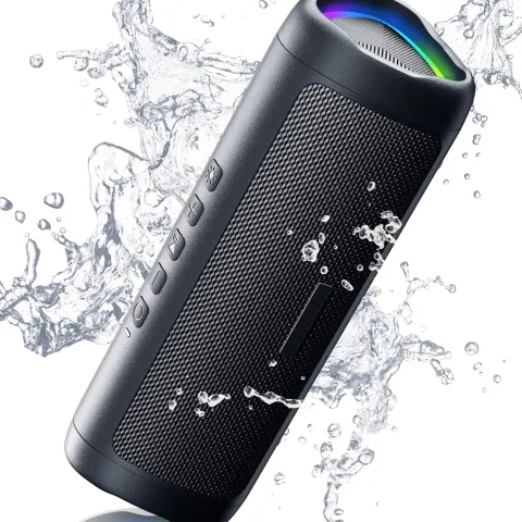Black waterproof Bluetooth speaker splashed with water, featuring LED lights.